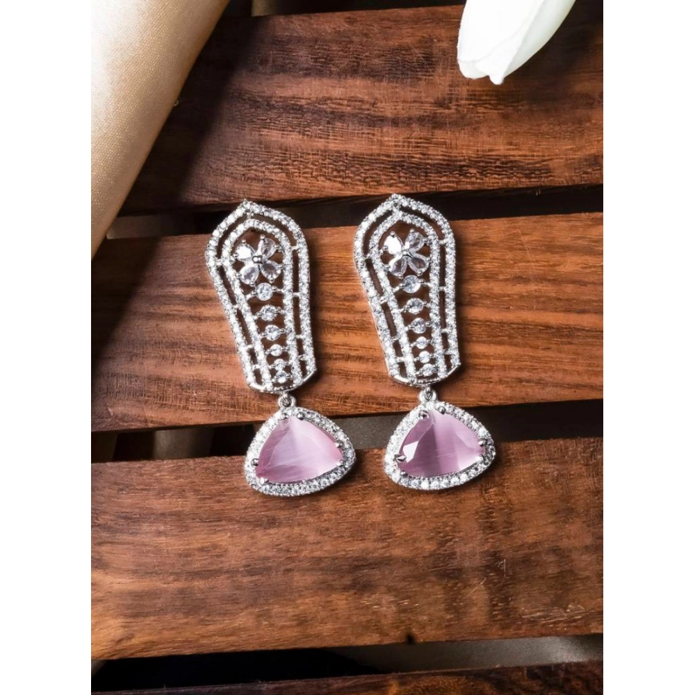 Women's Brass Silver Plated Drop Earrings (Pink)