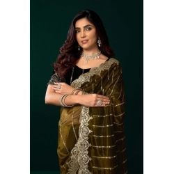 Women's Net Sequence Saree With Unstitched Blouse 5.5Mtr (Olive)
