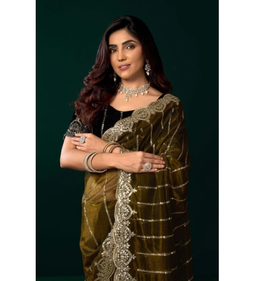 Women's Net Sequence Saree With Unstitched Blouse 5.5Mtr (Olive)