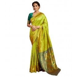 Women's Silk Blend Zari Weaving Saree With Unstitched Blouse 5.5Mtr (Lime-Green)