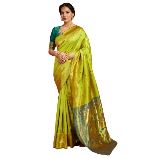 Women's Silk Blend Zari Weaving Saree With Unstitched Blouse 5.5Mtr (Lime-Green)