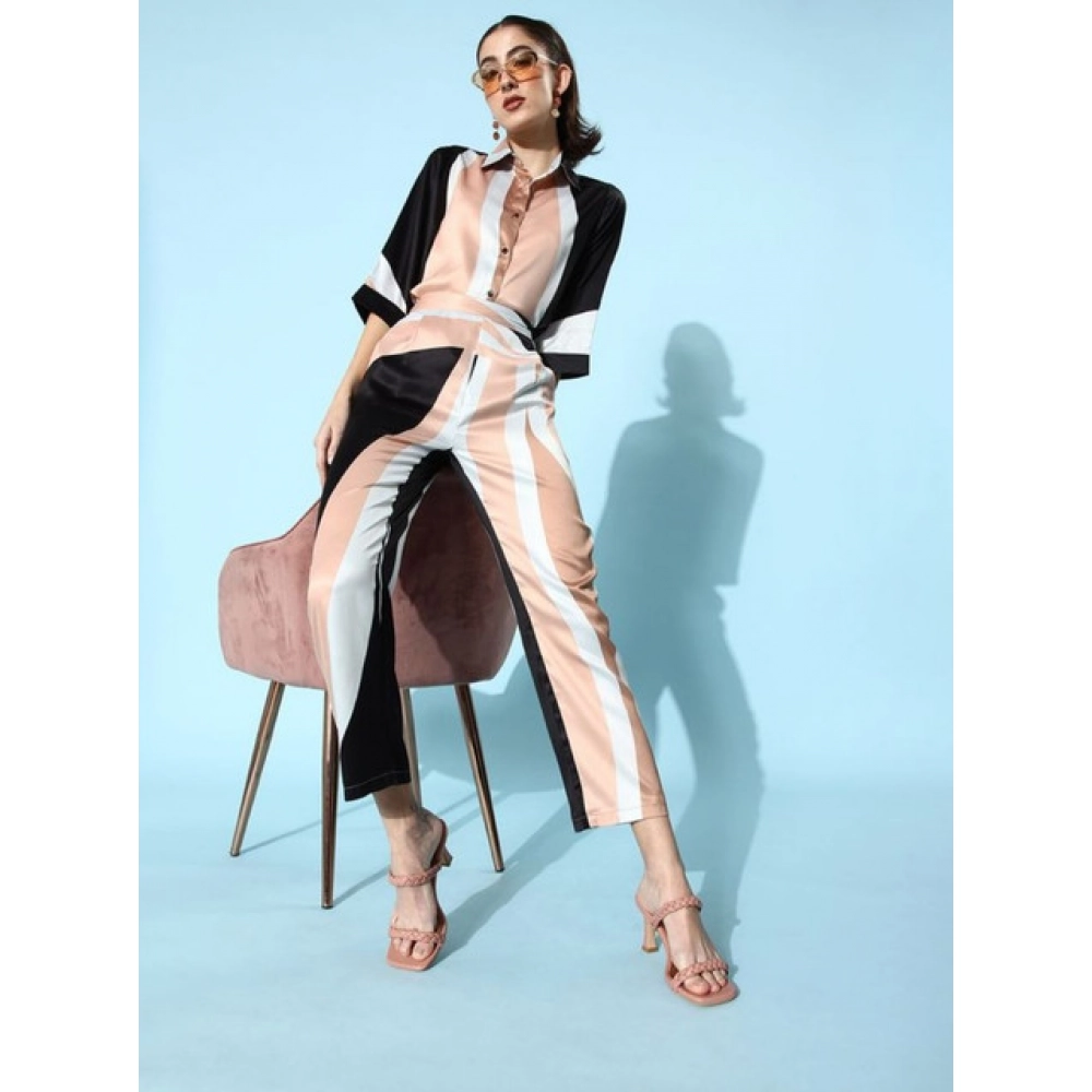Women's Satin Colour Block Long Sleeves Co-Ord Set (Beige - Black)