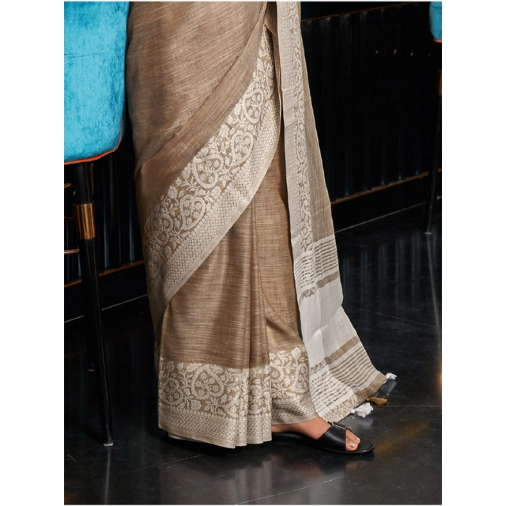 Women's Linen Printed Saree With Unstitched Blouse 5.5Mtr (Beige) Women's Linen Printed Saree With Unstitched Blouse 5.5Mtr (Beige)