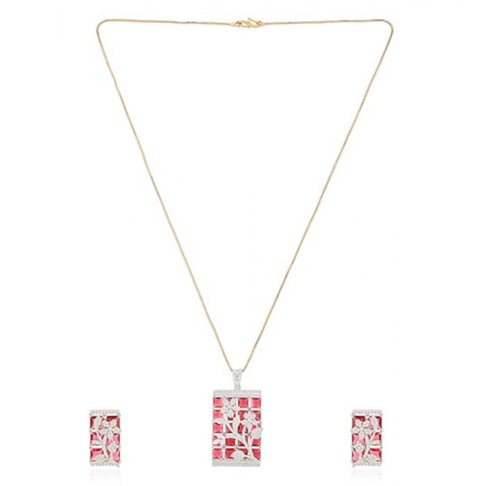 Women's Brass Silver Plated Pendant Set (Red)