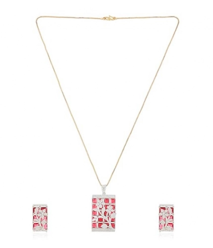 Women's Brass Silver Plated Pendant Set (Red)