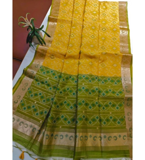 Women's Raw Silk Ikkat Saree With Unstitched Blouse 5.5Mtr (Yellow)
