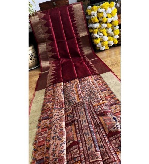 Women's Tussar Silk Madhubani Saree With Unstitched Blouse 5.5Mtr (Maroon)