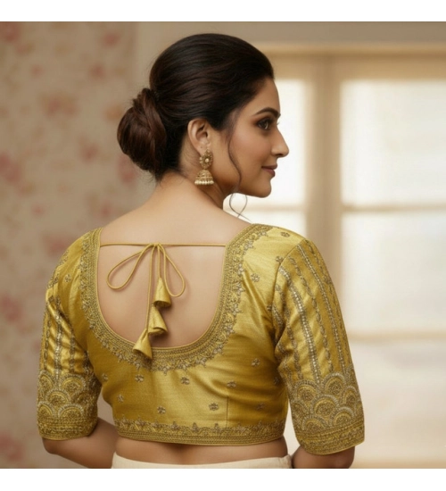 Women's Phantom Silk Embroidered Designer Neck Padded Blouse (Beige 38 Ready (Alterable up to 42)