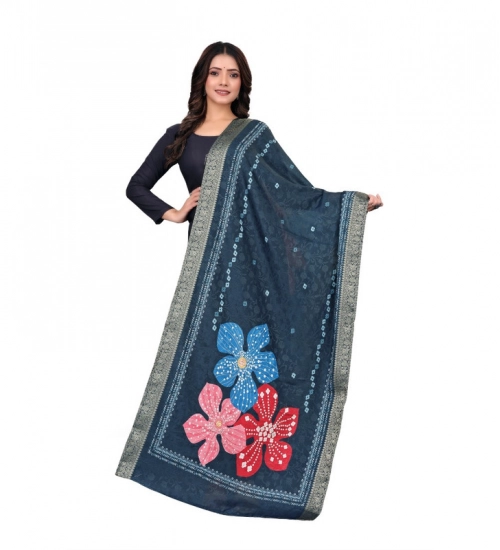 Women's chanderi silk  Printed Dupatta (Navy Blue, Length: 2 Mtr)