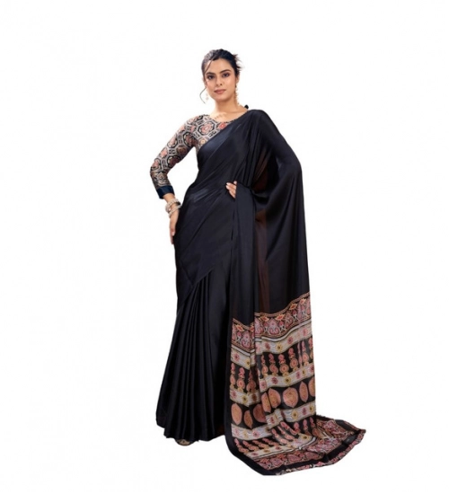Women's Satin Crepe Printed Saree With Unstitched Blouse 5.5Mtr (Black)