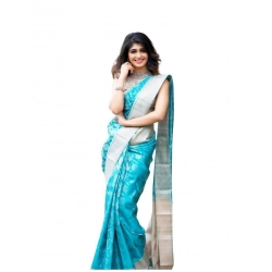 Women's Soft Lichi Silk Printed Saree With Unstitched Blouse 5.5Mtr (Sky-Blue)