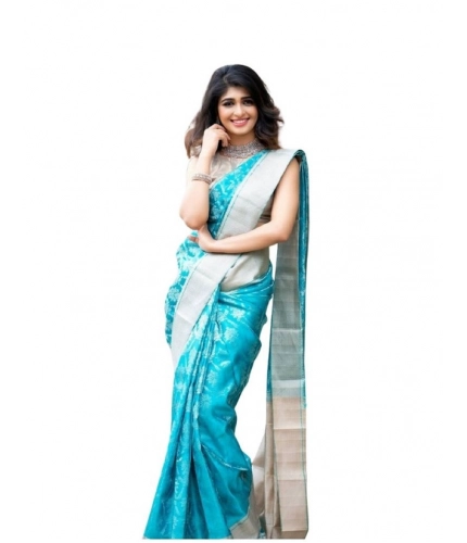 Women's Soft Lichi Silk Printed Saree With Unstitched Blouse 5.5Mtr (Sky-Blue)