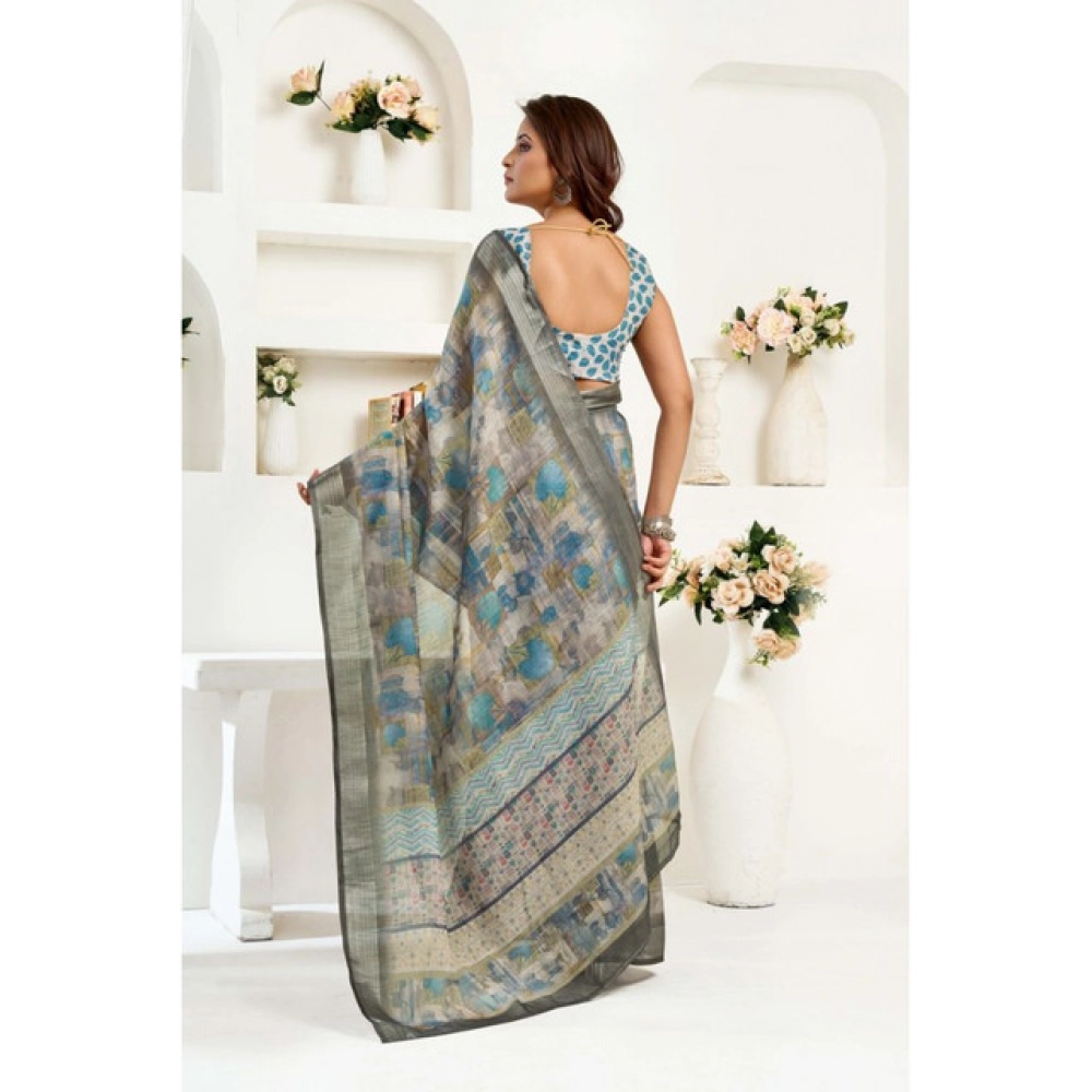 Women's Linen Cotton Printed Ready To Wear Saree With Unstitched Blouse 5.5 Mtr (Grey)