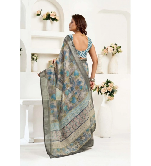 Women's Linen Cotton Printed Ready To Wear Saree With Unstitched Blouse 5.5 Mtr (Grey)