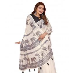 Women's Linen Cotton Printed Saree With Unstitched Blouse 5.5Mtr (Off White)