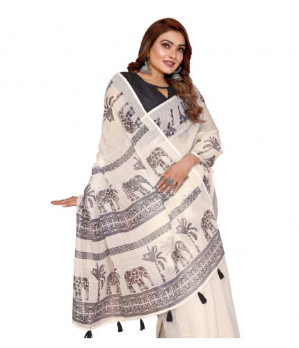 Women's Linen Cotton Printed Saree With Unstitched Blouse 5.5Mtr (Off White)