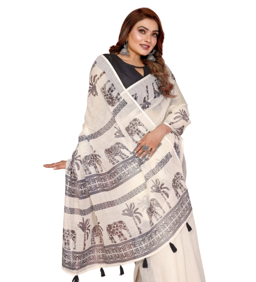 Women's Linen Cotton Printed Saree With Unstitched Blouse 5.5Mtr (Off White)