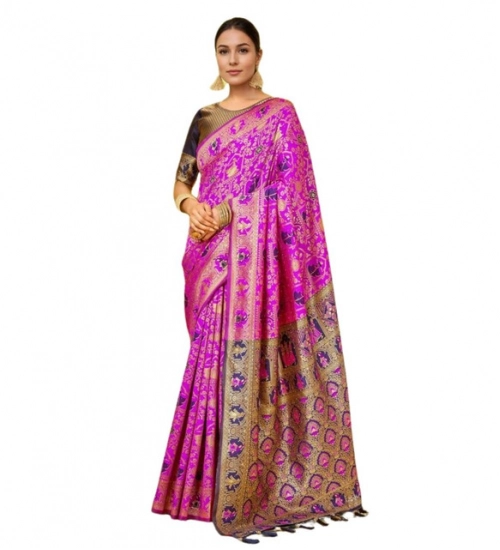 Women's Silk Blend Woven Paithani Saree With Unstitched Blouse 5.5Mtr (Pink)