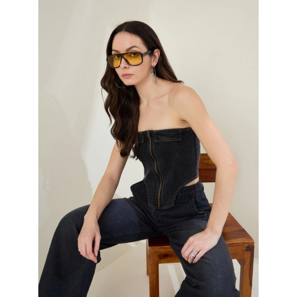 Women's Denim Lycra Solid Sleeveless Top (Black) Women's Denim Lycra Solid Sleeveless Top (Black)