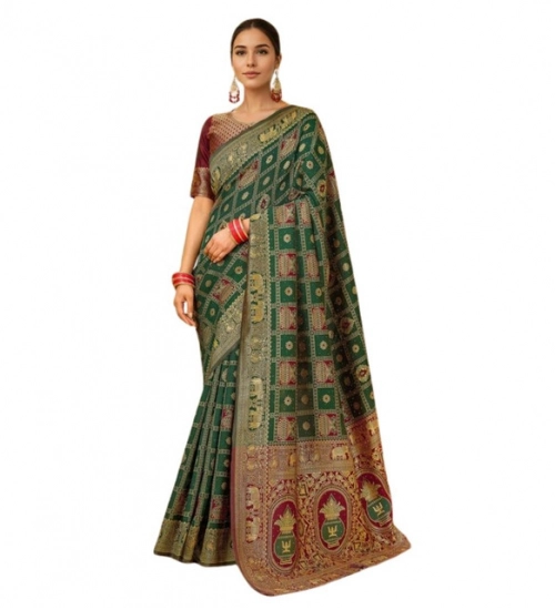 Women's Silk Blend Woven Zari Work Saree With Unstitched Blouse 5.5Mtr (Green)
