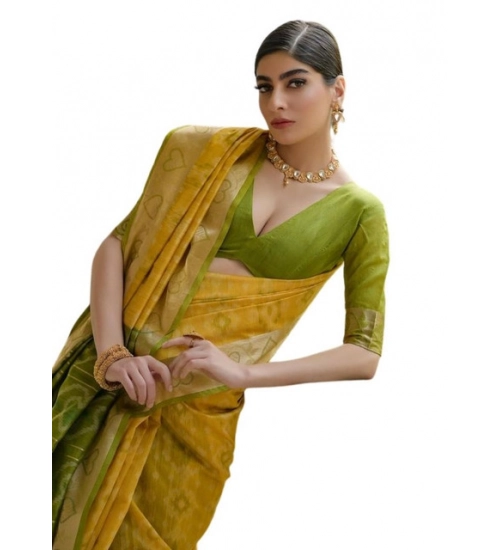Women's Silk_Blend Ethnic Ikat Pattern Saree With Unstitched Blouse 5.5Mtr (Yellow)