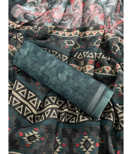 Women's Linen Cotton Printed Saree With Unstitched Blouse 5.5Mtr (Blue) Women's Linen Cotton Printed Saree With Unstitched Blouse 5.5Mtr (Blue)