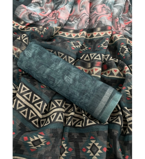 Women's Linen Cotton Printed Saree With Unstitched Blouse 5.5Mtr (Blue) Women's Linen Cotton Printed Saree With Unstitched Blouse 5.5Mtr (Blue)