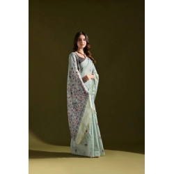 Women's Blended_Cotton Floral Saree With Unstitched Blouse 5.5Mtr (Aqua_Blue)