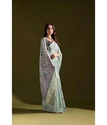 Women's Blended_Cotton Floral Saree With Unstitched Blouse 5.5Mtr (Aqua_Blue)