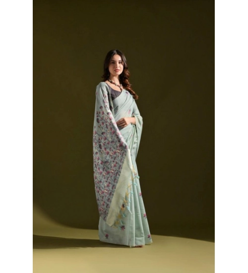 Women's Blended_Cotton Floral Saree With Unstitched Blouse 5.5Mtr (Aqua_Blue)
