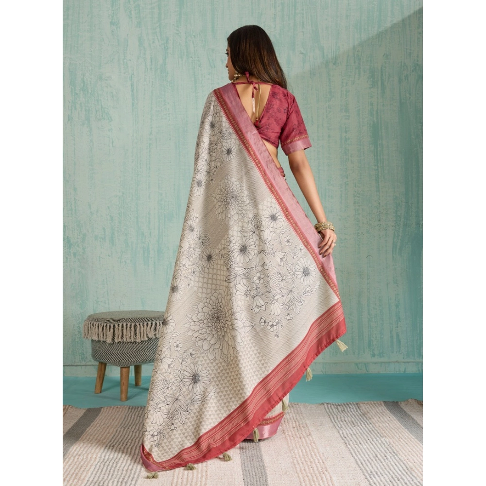 Women's Silk Blend Printed Saree With Unstitched Blouse 5.5Mtr (Beige)