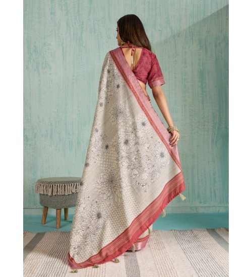 Women's Silk Blend Printed Saree With Unstitched Blouse 5.5Mtr (Beige)