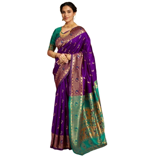 Women's Silk Blend Zari Weaving Saree With Unstitched Blouse 5.5Mtr (Purple)