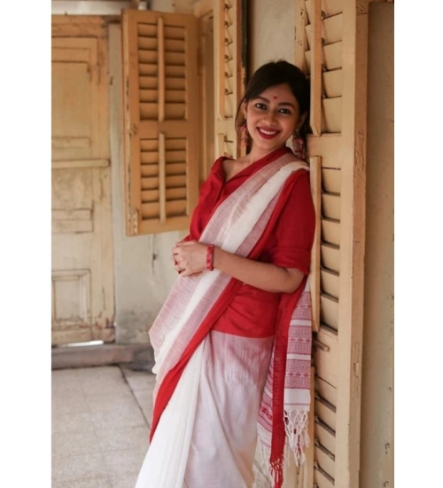 Women's Soft Lilan Printed Saree With Unstitched Blouse 5.5Mtr (White)