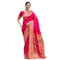 Women's Silk Blend Zari Woven Saree With Unstitched Blouse 5.5Mtr (Red)