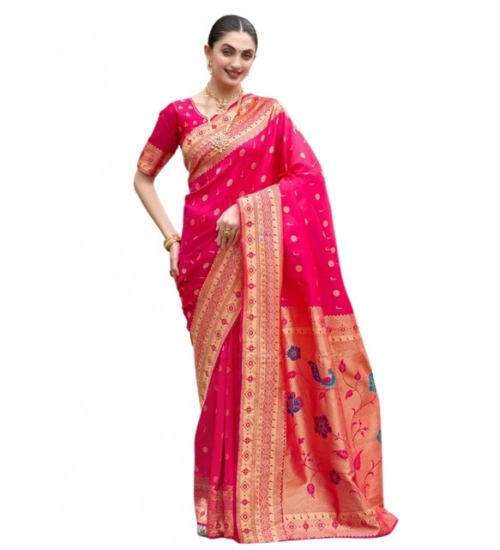 Women's Silk Blend Zari Woven Saree With Unstitched Blouse 5.5Mtr (Red)