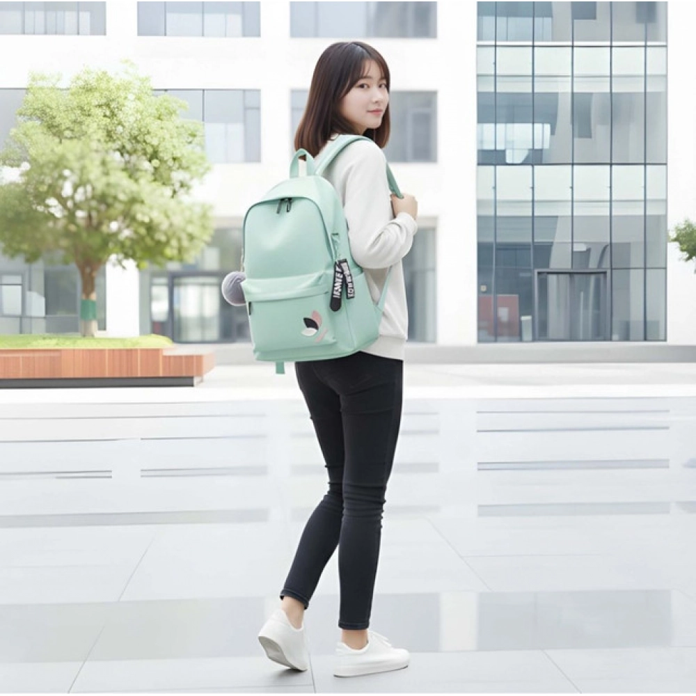 Unisex PU Leather Solid Medium Zipper Backpack (Green)