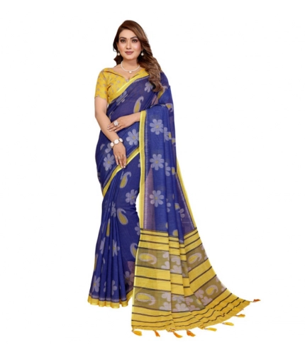 Women's Linen Cotton Printed Saree With Unstitched Blouse 5.5Mtr (Blue)