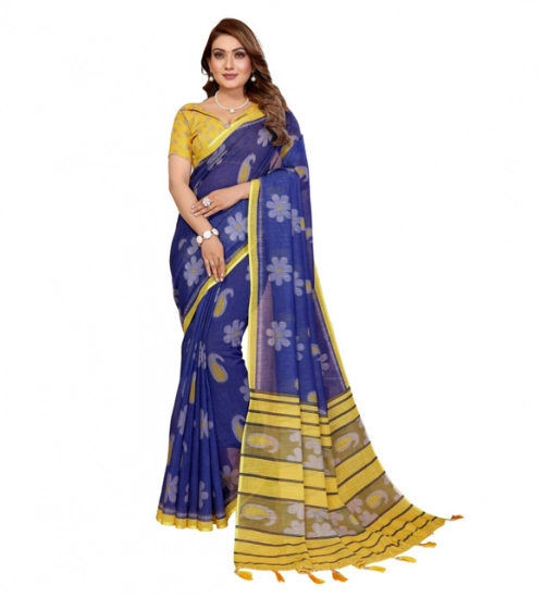 Women's Linen Cotton Printed Saree With Unstitched Blouse 5.5Mtr (Blue) Women's Linen Cotton Printed Saree With Unstitched Blouse 5.5Mtr (Blue)