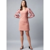 Women's Polyester Lycra And Organza Floral Balloon Sleeve Dress (Pink)