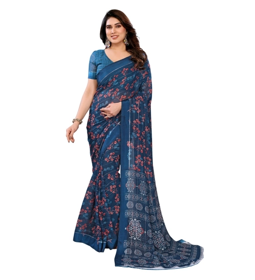 Women's Georgette Printed Saree With Unstitched Blouse 5.5Mtr (Blue)