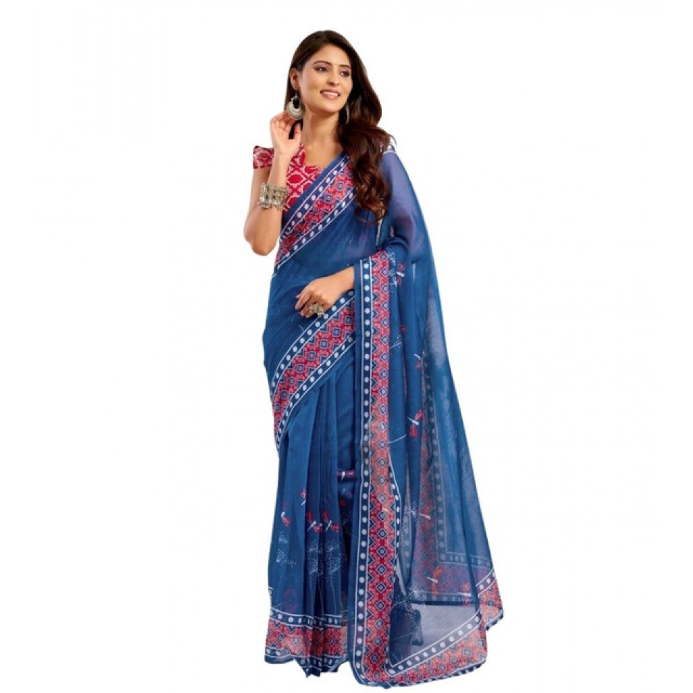 Women's Faux Linen Floral Print Ready to wear Saree With Unstitched Blouse 5.5Mtr (Blue) Women's Faux Linen Floral Print Ready to wear Saree With Unstitched Blouse 5.5Mtr (Blue)