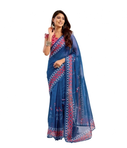 Women's Faux Linen Floral Print Ready to wear Saree With Unstitched Blouse 5.5Mtr (Blue)