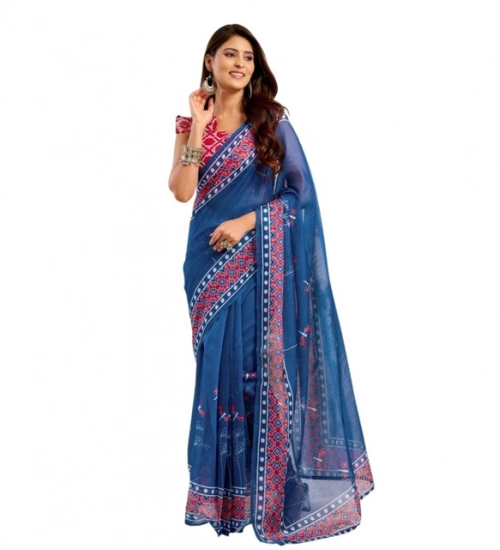 Women's Faux Linen Floral Print Ready to wear Saree With Unstitched Blouse 5.5Mtr (Blue) Women's Faux Linen Floral Print Ready to wear Saree With Unstitched Blouse 5.5Mtr (Blue)