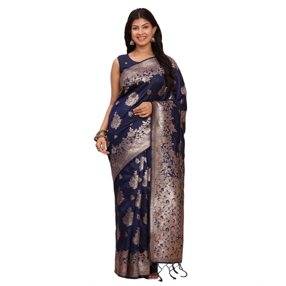 Women's Banarasi Silk Printed Saree With Unstitched Blouse 5.5Mtr (Navy Blue) Women's Banarasi Silk Printed Saree With Unstitched Blouse 5.5Mtr (Navy Blue)