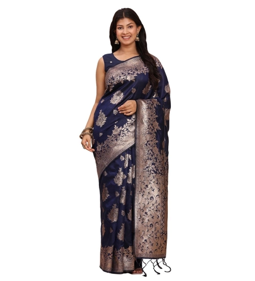 Women's Banarasi Silk Printed Saree With Unstitched Blouse 5.5Mtr (Navy Blue)