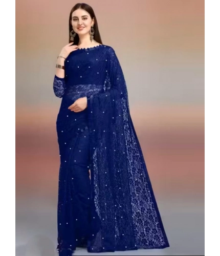 Women's Net Self Design Saree With Unstitched Blouse 5.5Mtr (Navy Blue)