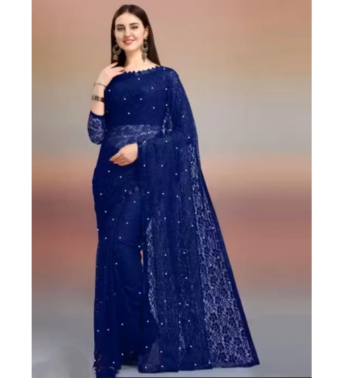 Women's Net Self Design Saree With Unstitched Blouse 5.5Mtr (Navy Blue)