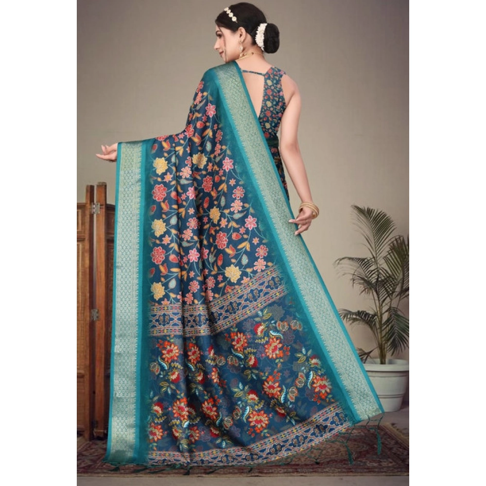 Women's Cotton Silk  Printed Saree With Unstitched Blouse 5.5Mtr (Blue)