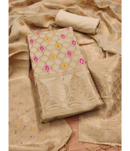 Women's Banarasi Silk Printed Unstitched Salwar Suit Material With Dupatta (Cream, 3Mtrs)